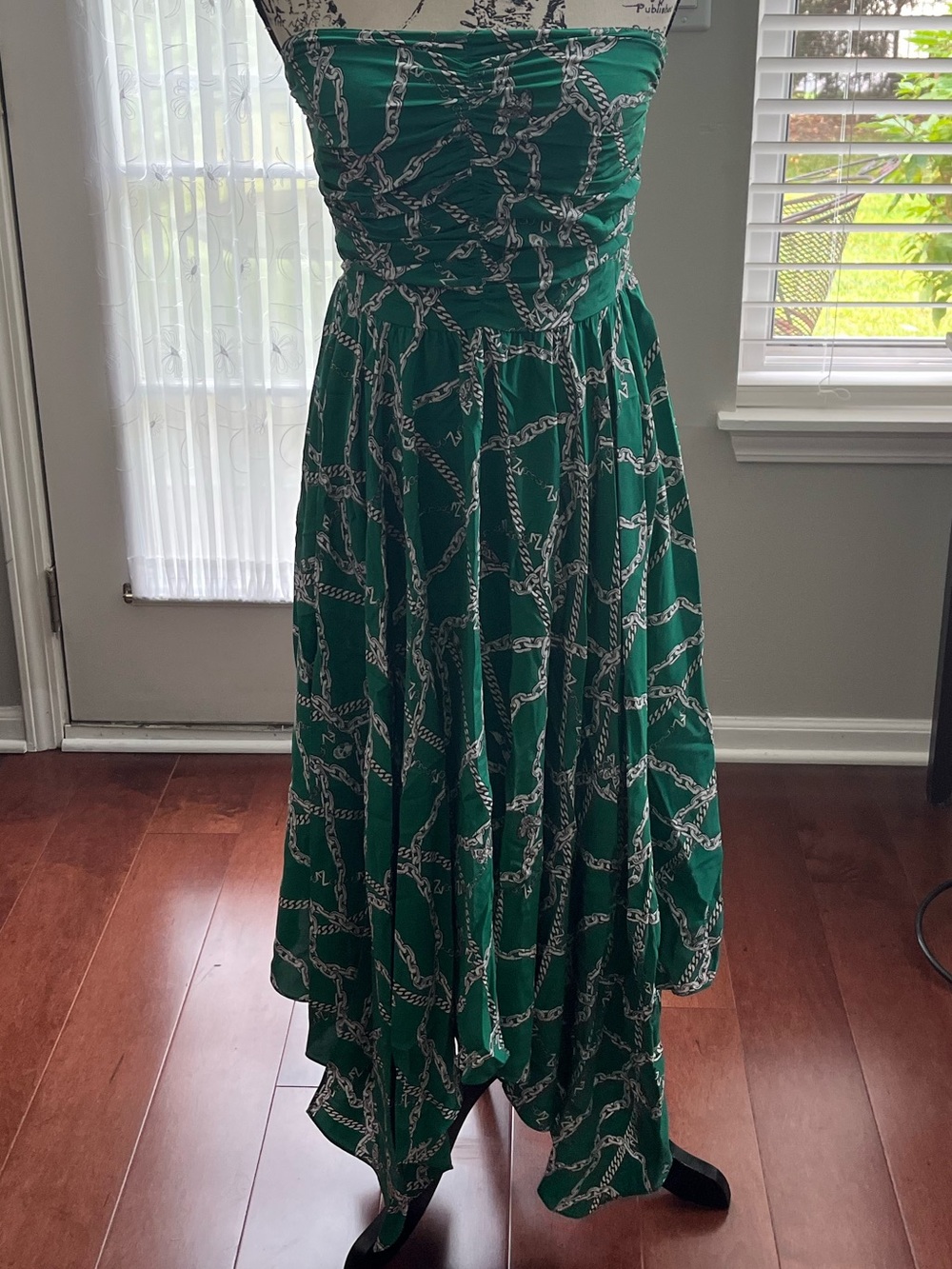 Zadig & Voltaire Green Chain Print 100% Silk Strapless Midi Dress S